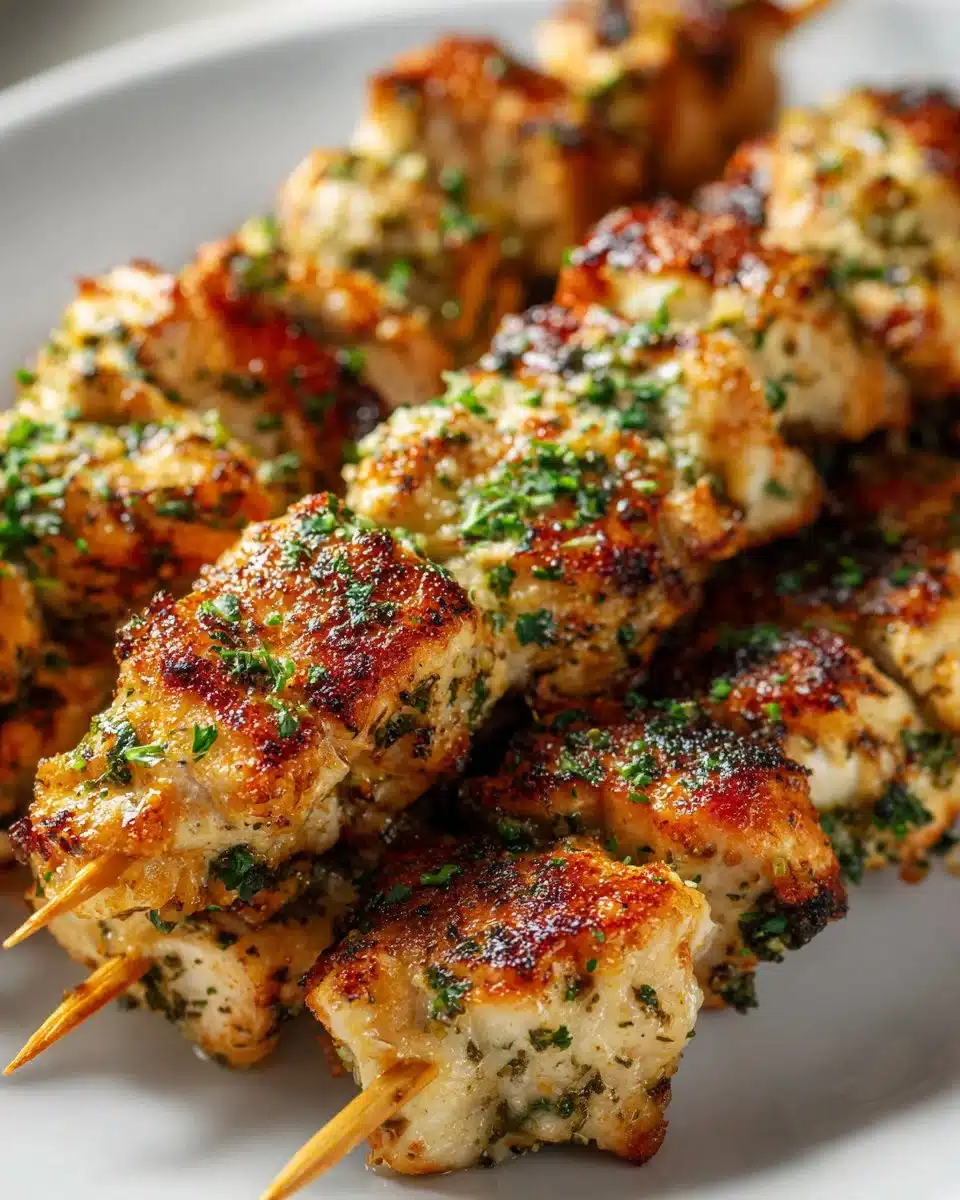 Garlic Parmesan Chicken skewers garnished with parsley and served on a plate