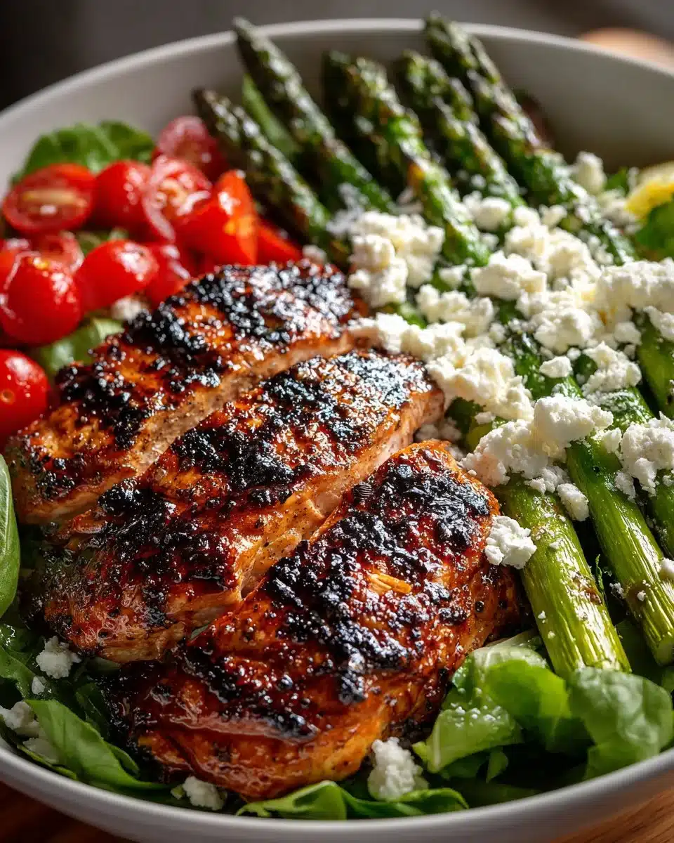 Delicious grilled chicken salad with asparagus in a bowl