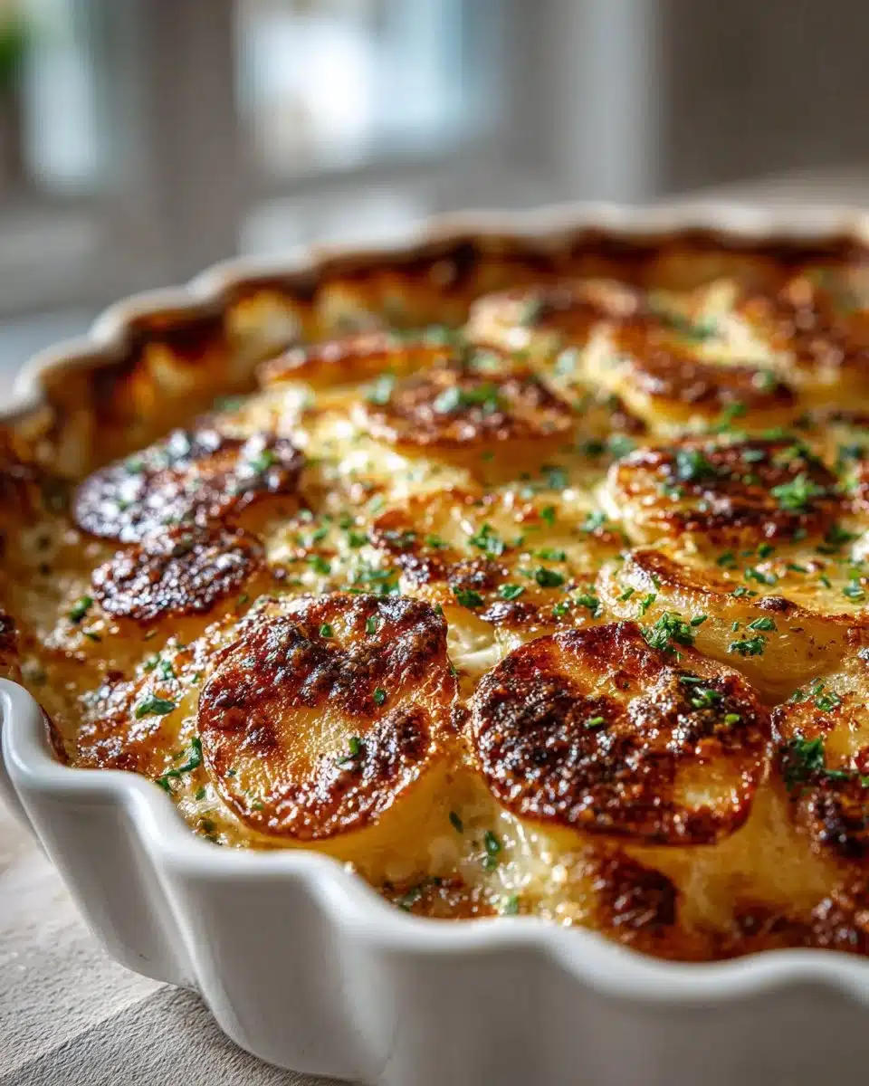 Delicious Gruyère Potato Gratin layered with cheese and cream