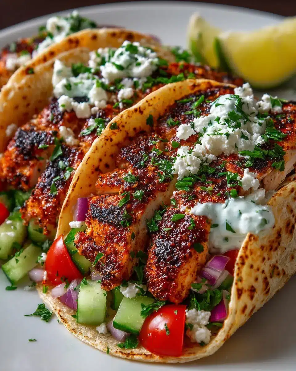 Healthy Mediterranean chicken tacos served with fresh ingredients and toppings