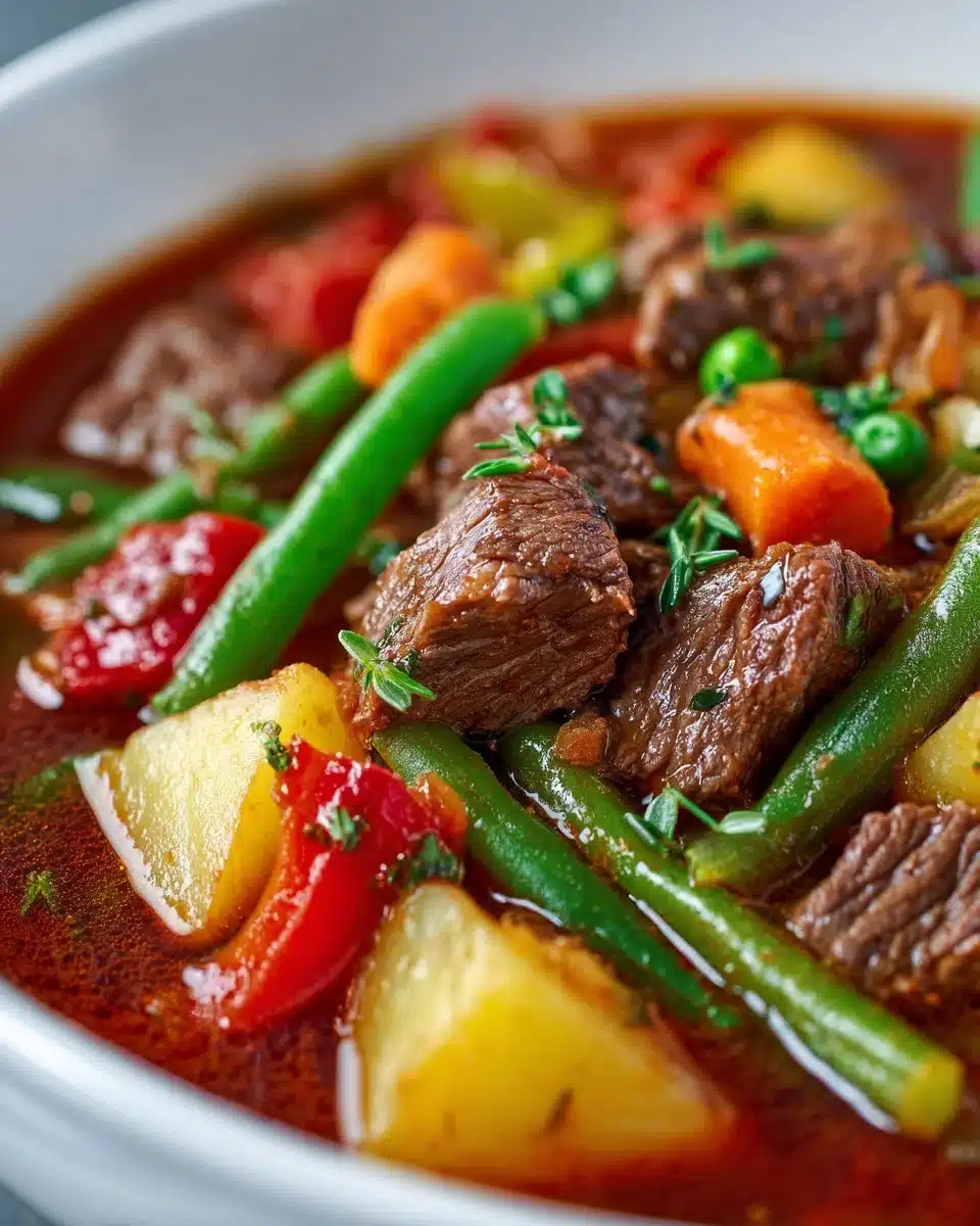 Bowl of hearty vegetable beef soup with fresh vegetables and beef chunks