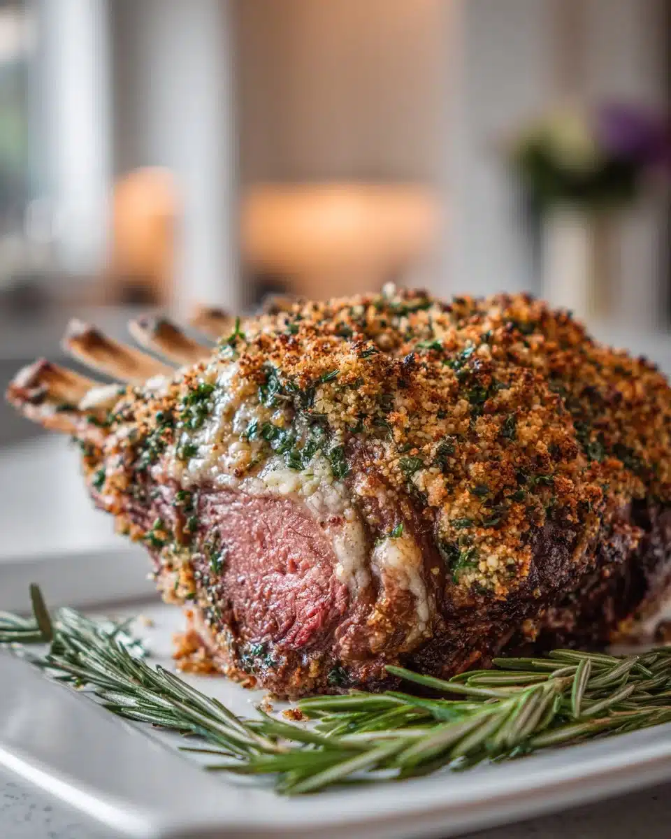 Herb crusted roast lamb served with seasonal vegetables on a platter.