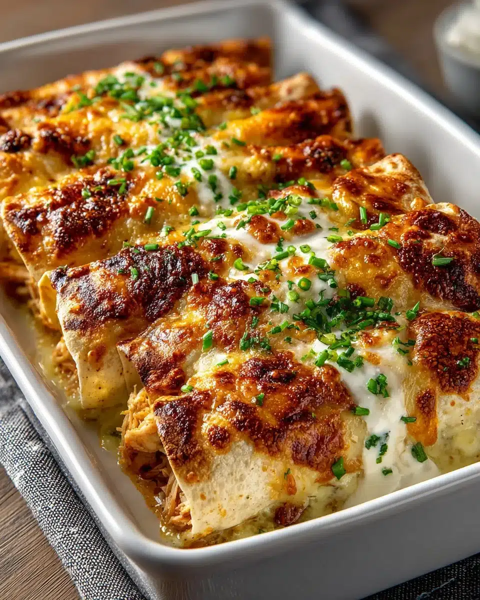 Homemade white rotisserie chicken enchiladas topped with sauce and cheese