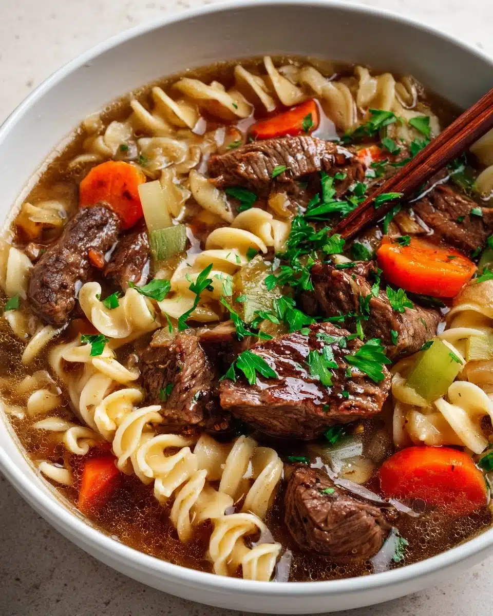Delicious bowl of homestyle beef and noodles with tender beef and savory sauce