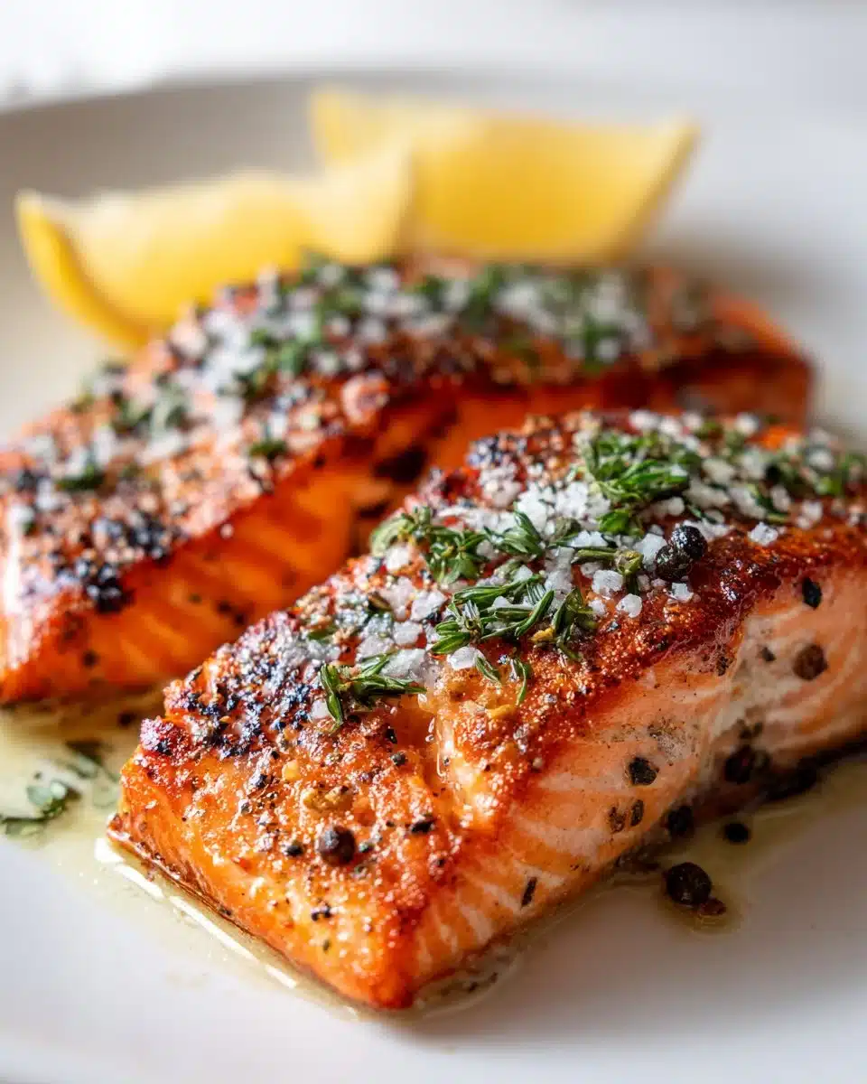 Delicious pan seared salmon cooked to perfection with crispy skin.