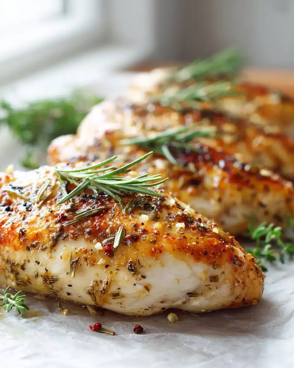Delicious homestyle roasted chicken breast served on a plate with herbs and spices