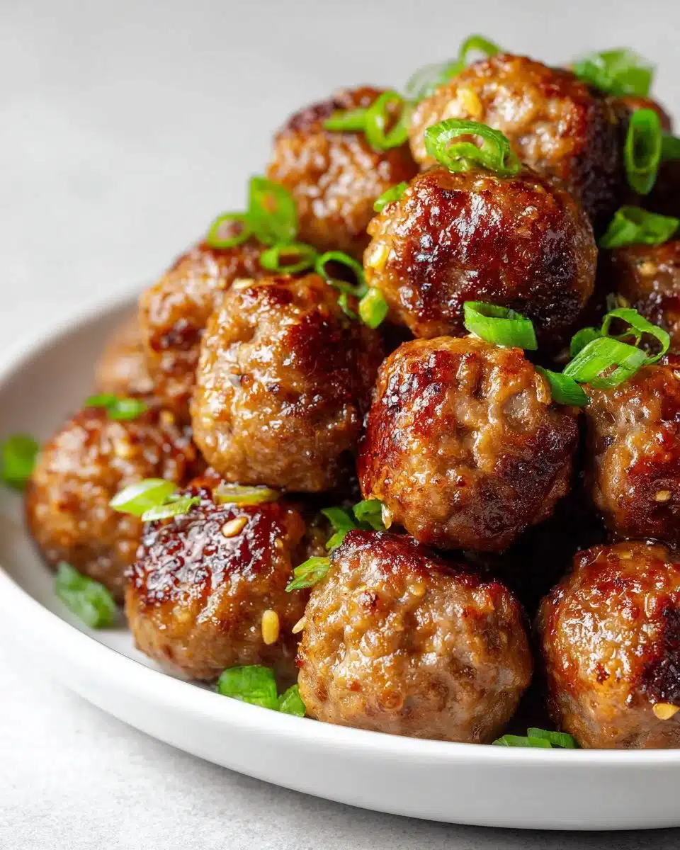 Plate of delicious honey garlic glazed meatballs garnished with green onions
