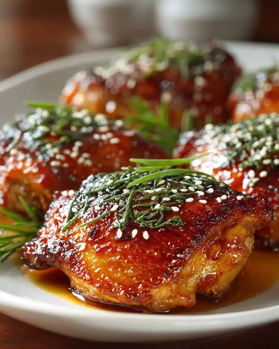 Honey Sriracha glazed chicken thighs garnished and ready to serve