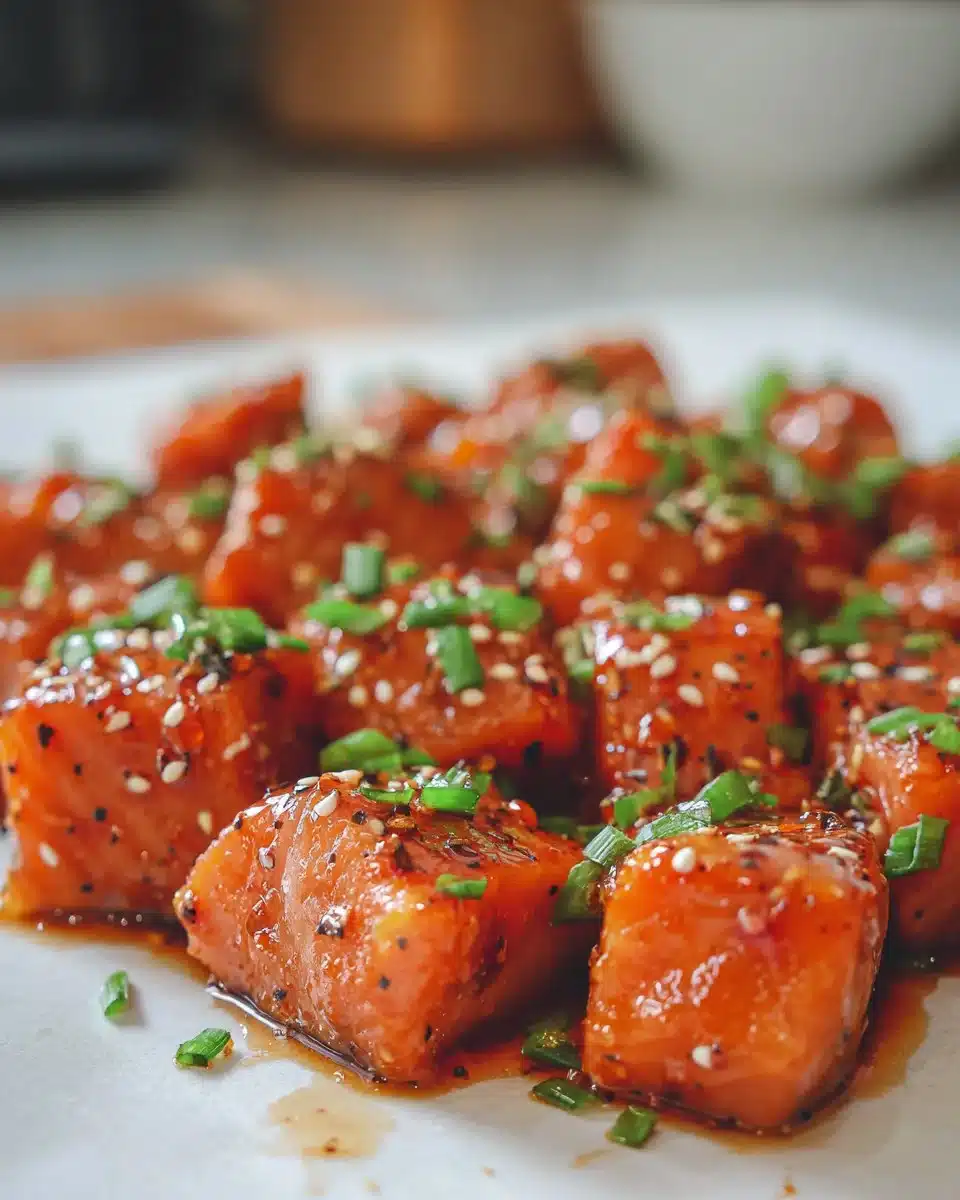 Honey Sriracha Salmon Bites on a serving platter, garnished and ready to enjoy.