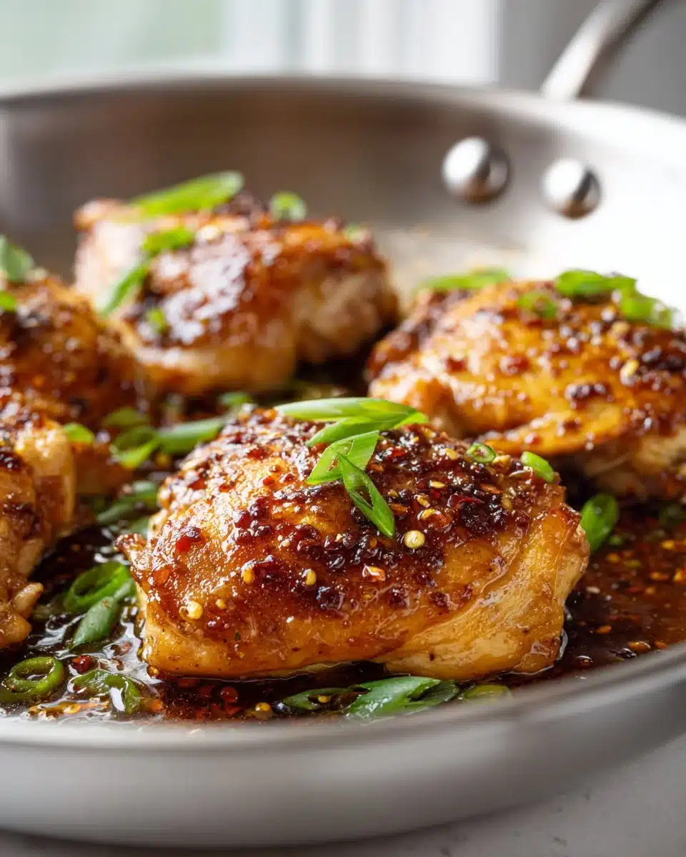 Hot honey garlic chicken skillet cooked in a pan with vegetables and sauce