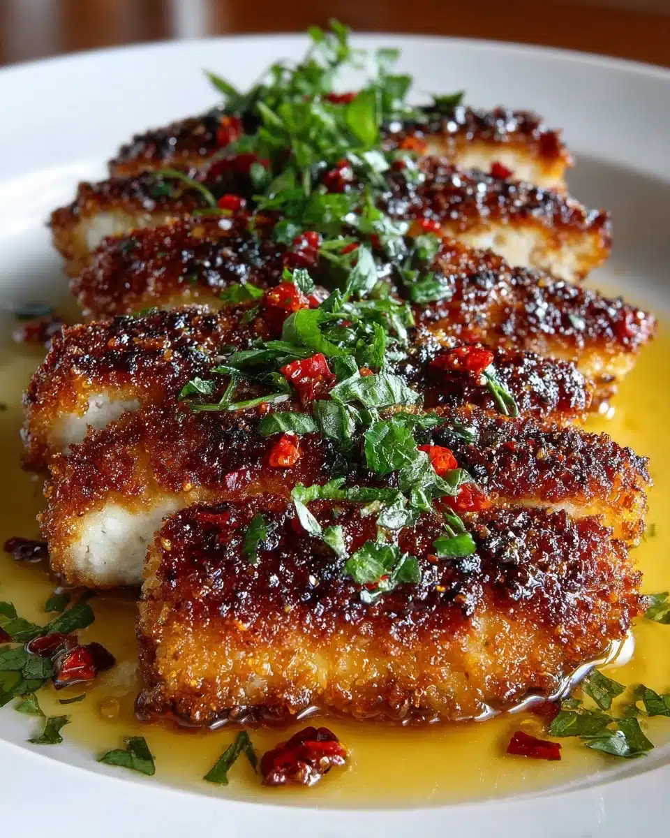 Hot Honey Parmesan Crusted Chicken served with garnish