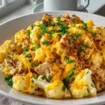Keto Cheesy Cauliflower Chicken Skillet with melted cheese and tender chicken