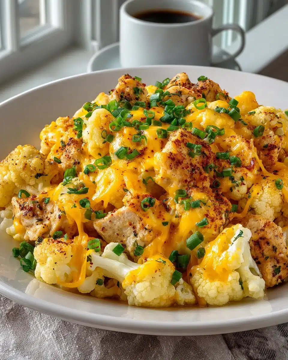 Keto Cheesy Cauliflower Chicken Skillet with melted cheese and tender chicken
