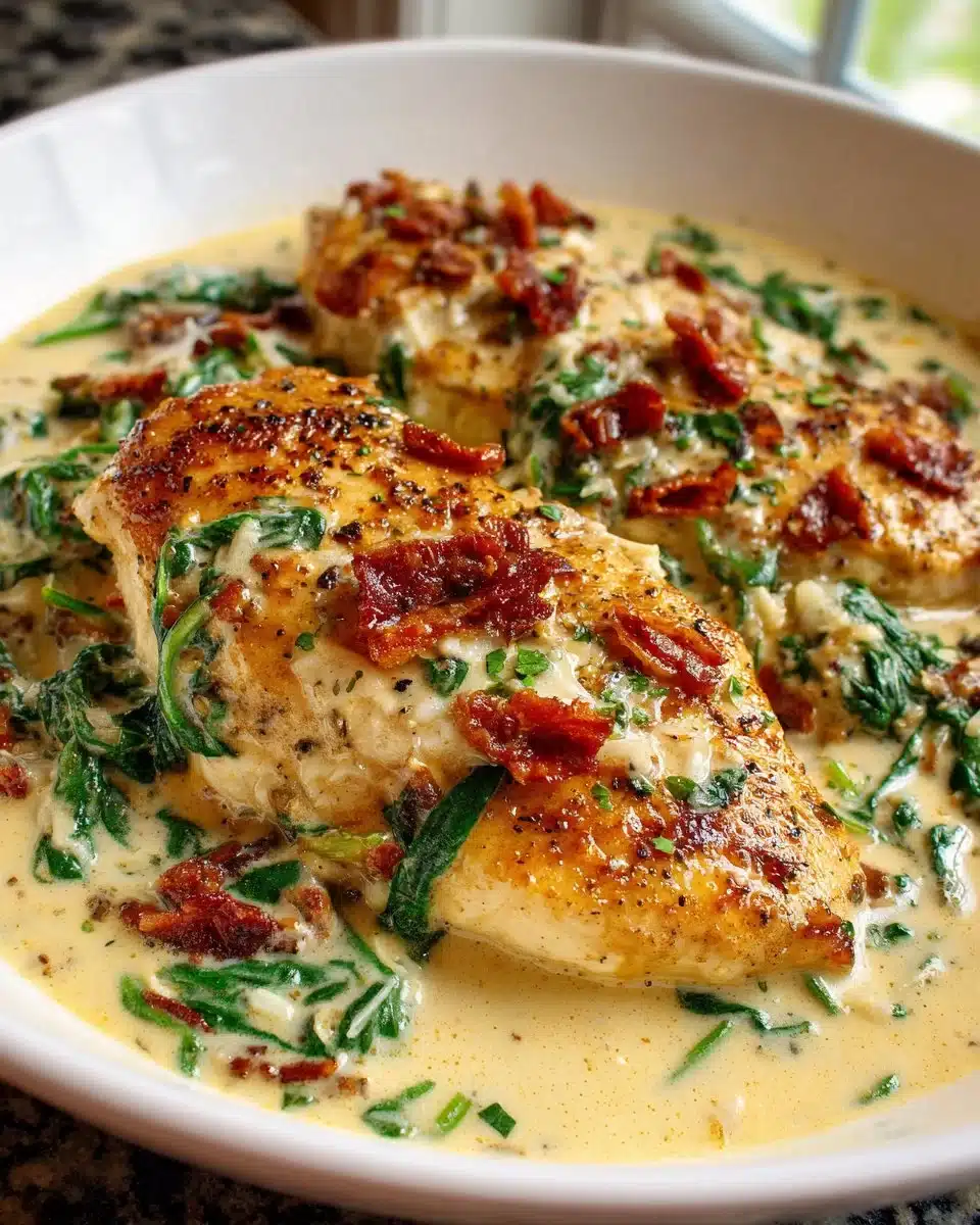 Plate of Keto Creamy Tuscan Chicken with spinach and sun-dried tomatoes