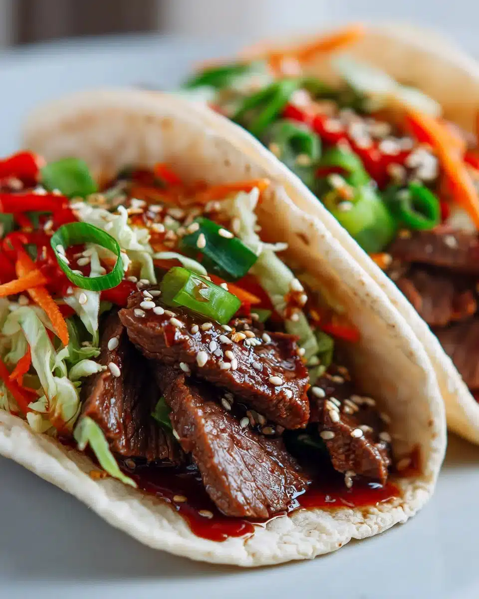 Delicious Korean BBQ Beef Tacos with fresh toppings and garnishes.
