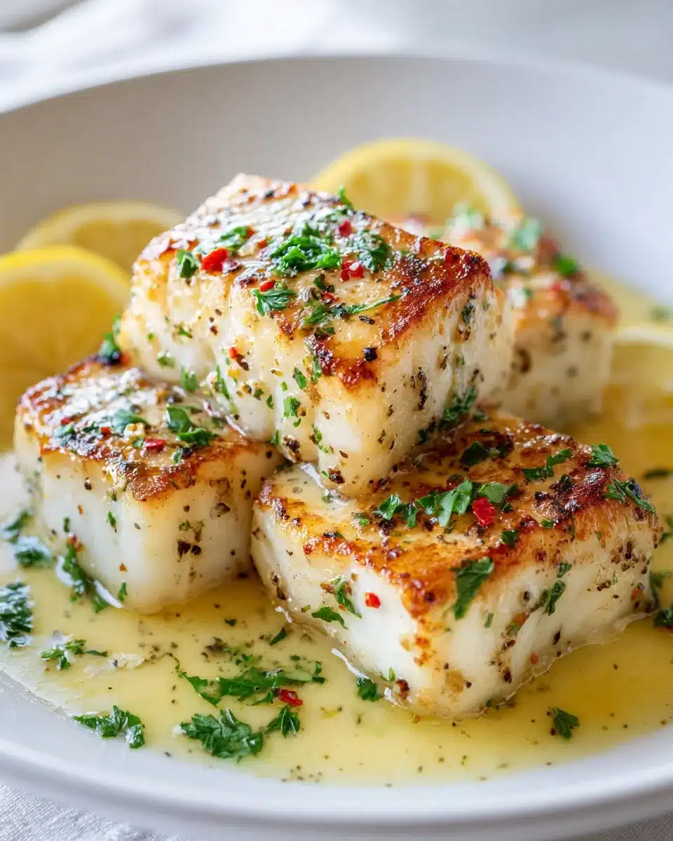 Delicious Lemon Butter Garlic Halibut served with fresh herbs and lemon wedges.
