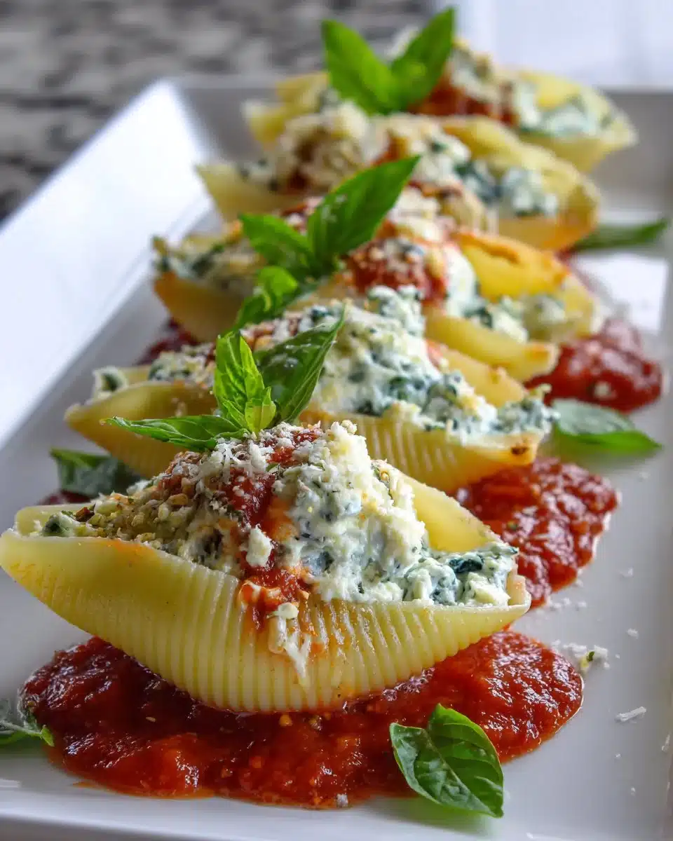 Delicious Lemon Ricotta Stuffed Shells served on a plate with fresh herbs.