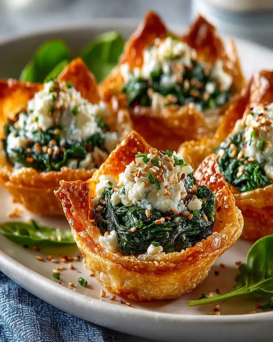Mediterranean Spinach and Feta Crisps served on a plate with herbs.