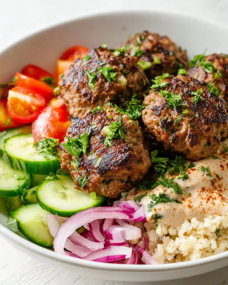 Delicious Mediterranean Turkey Kofta Bowls served with fresh veggies and sauce