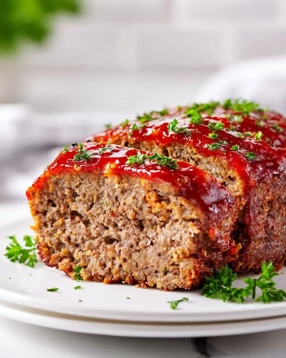 A slice of old fashioned beef meatloaf served with mashed potatoes and gravy.