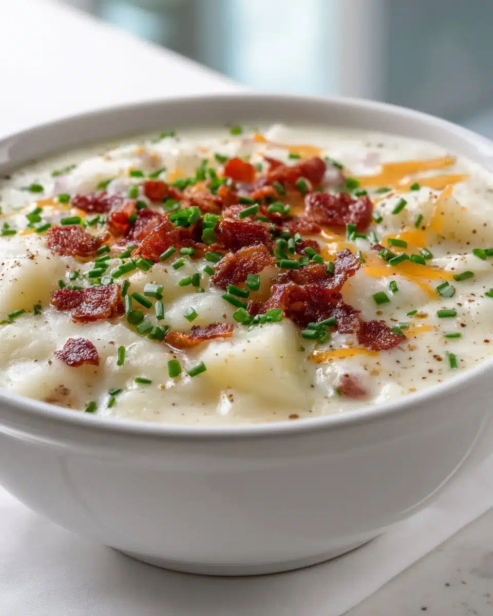 A bowl of old fashioned potato soup garnished with herbs and served with bread.