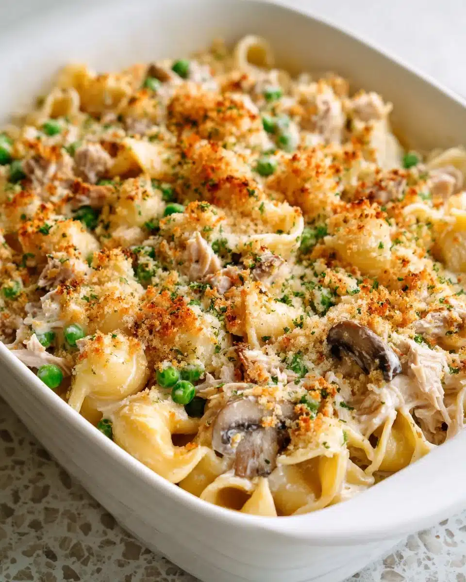 Delicious old fashioned tuna casserole dish garnished and ready to serve