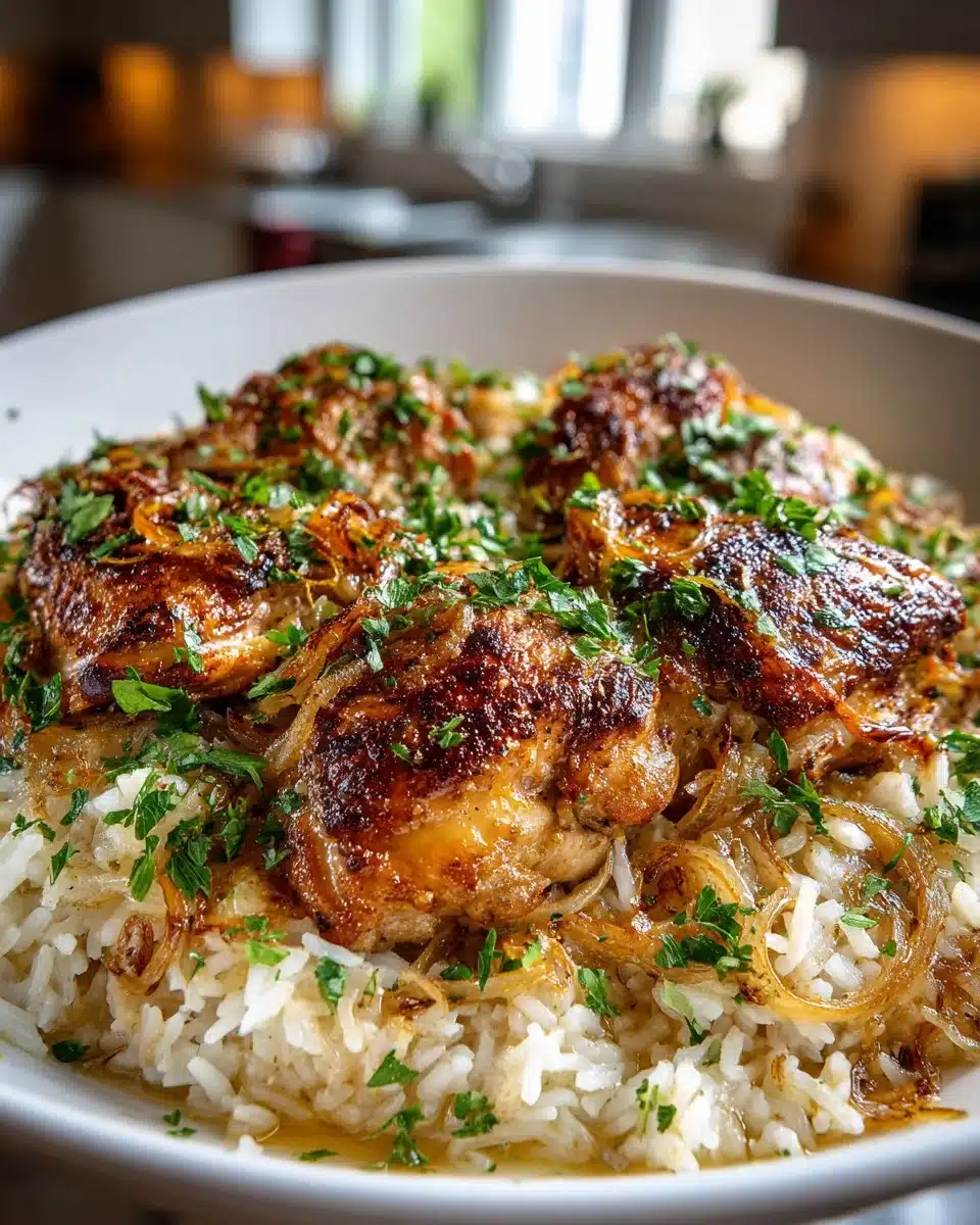 One-Pot French Onion Chicken Rice Dinner in a skillet with ingredients
