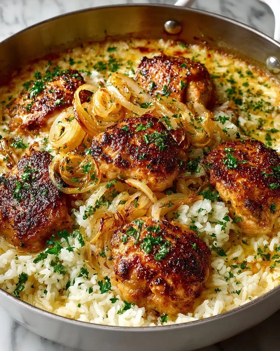 One-Pot French Onion Chicken Rice Dinner with melted cheese and caramelized onions