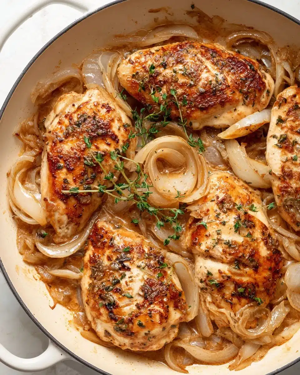 Skillet cooked French Onion Chicken garnished with melted cheese and herbs.