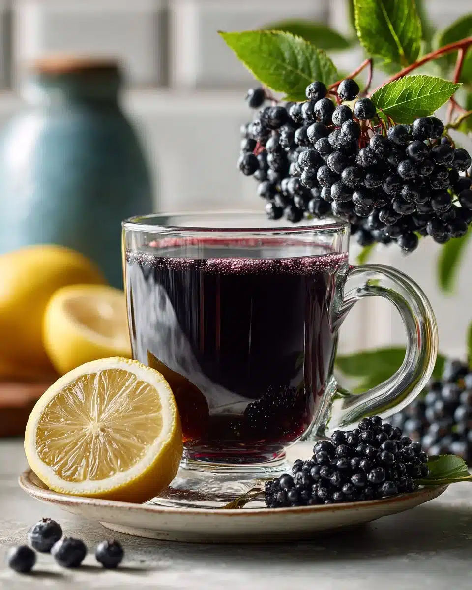 Bottle of organic elderberry syrup with mullein on a wooden table.