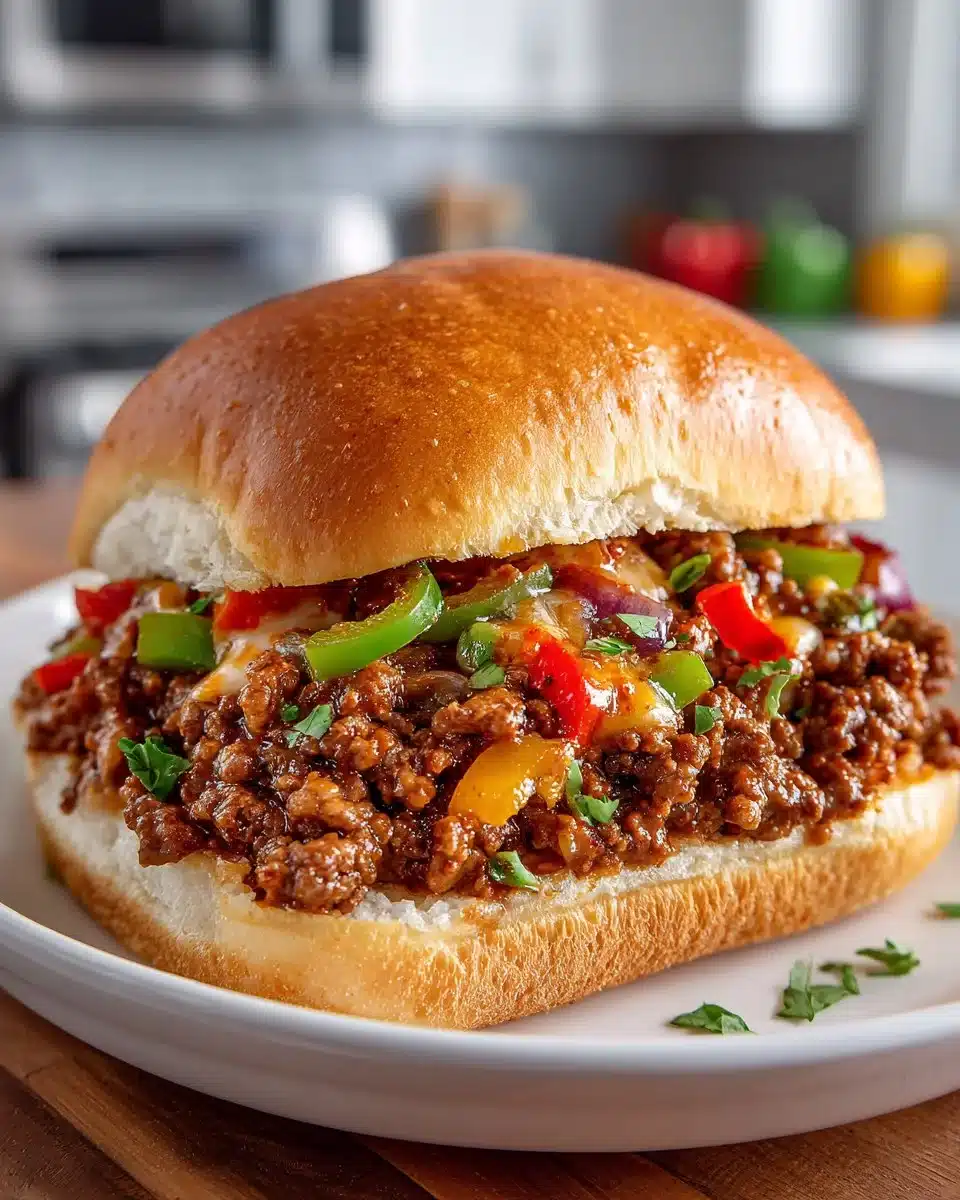 Philly Cheesesteak Sloppy Joes served on a plate with toppings