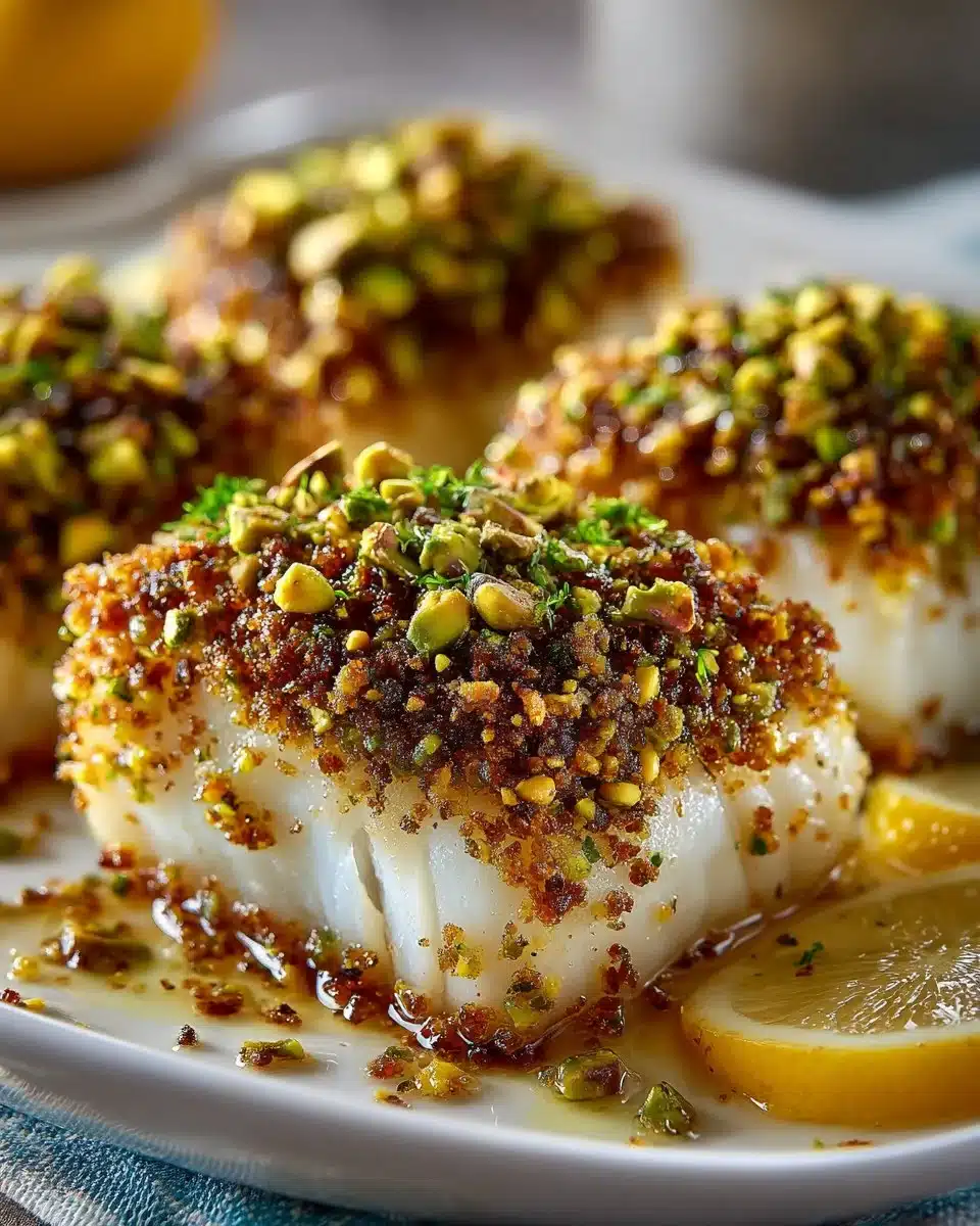 Pistachio crusted baked halibut on a plate with lemon and herbs