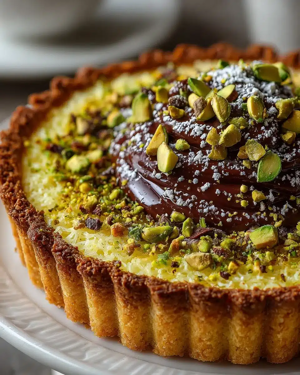 Pistachio Kunafa Chocolate Tart with a rich filling and crunchy crust.