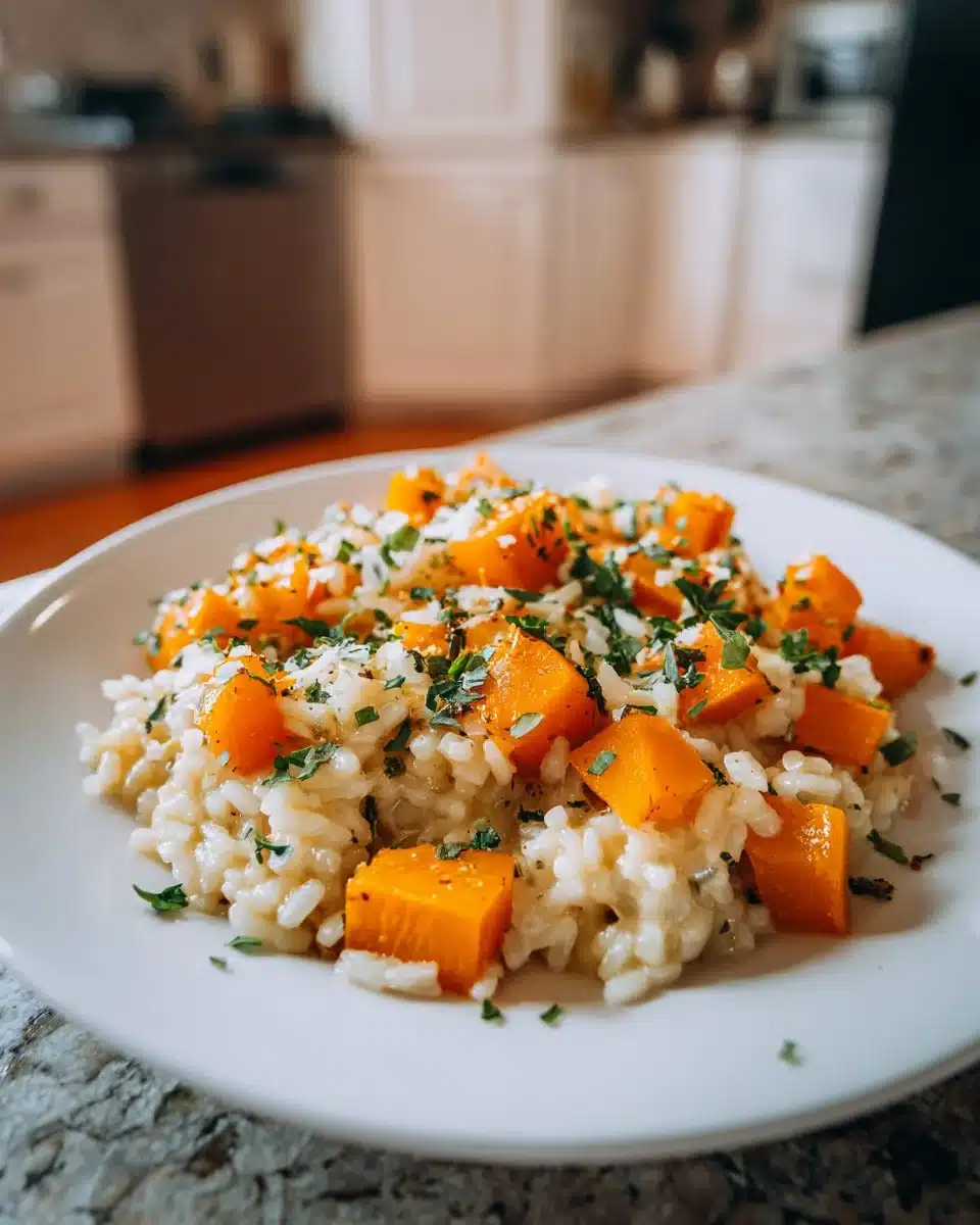 Creamy roasted butternut squash risotto topped with herbs