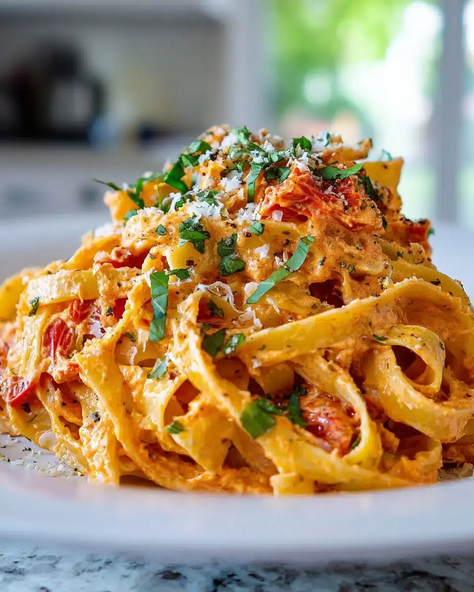 Creamy roasted red pepper fettuccine served on a plate