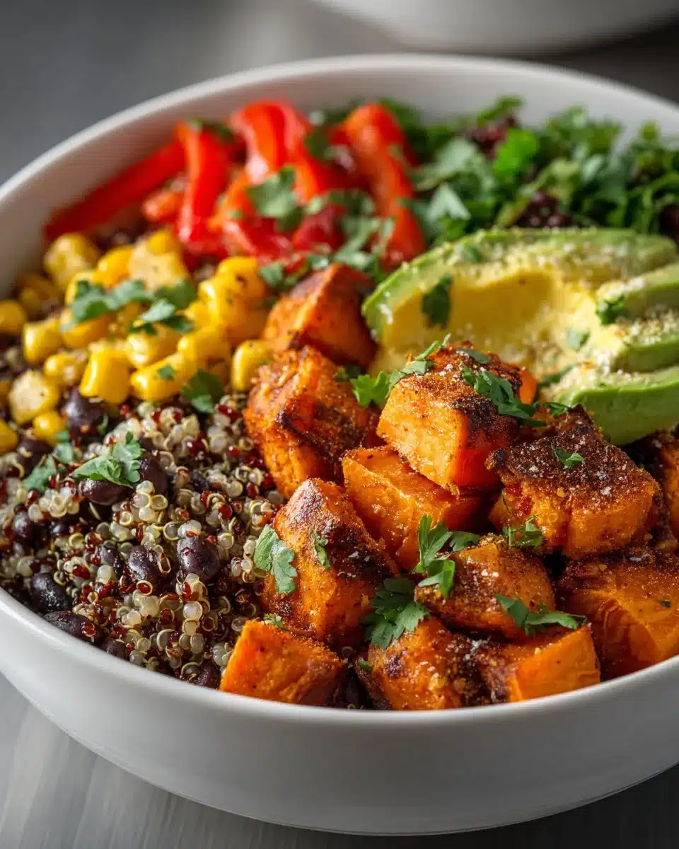 Delicious roasted sweet potato quinoa bowls topped with fresh vegetables