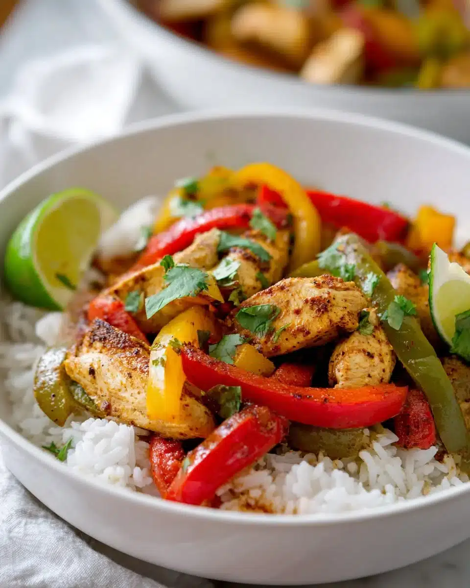 Sheet Pan Fajita Chicken Bowls featuring colorful peppers and savory chicken on a plate