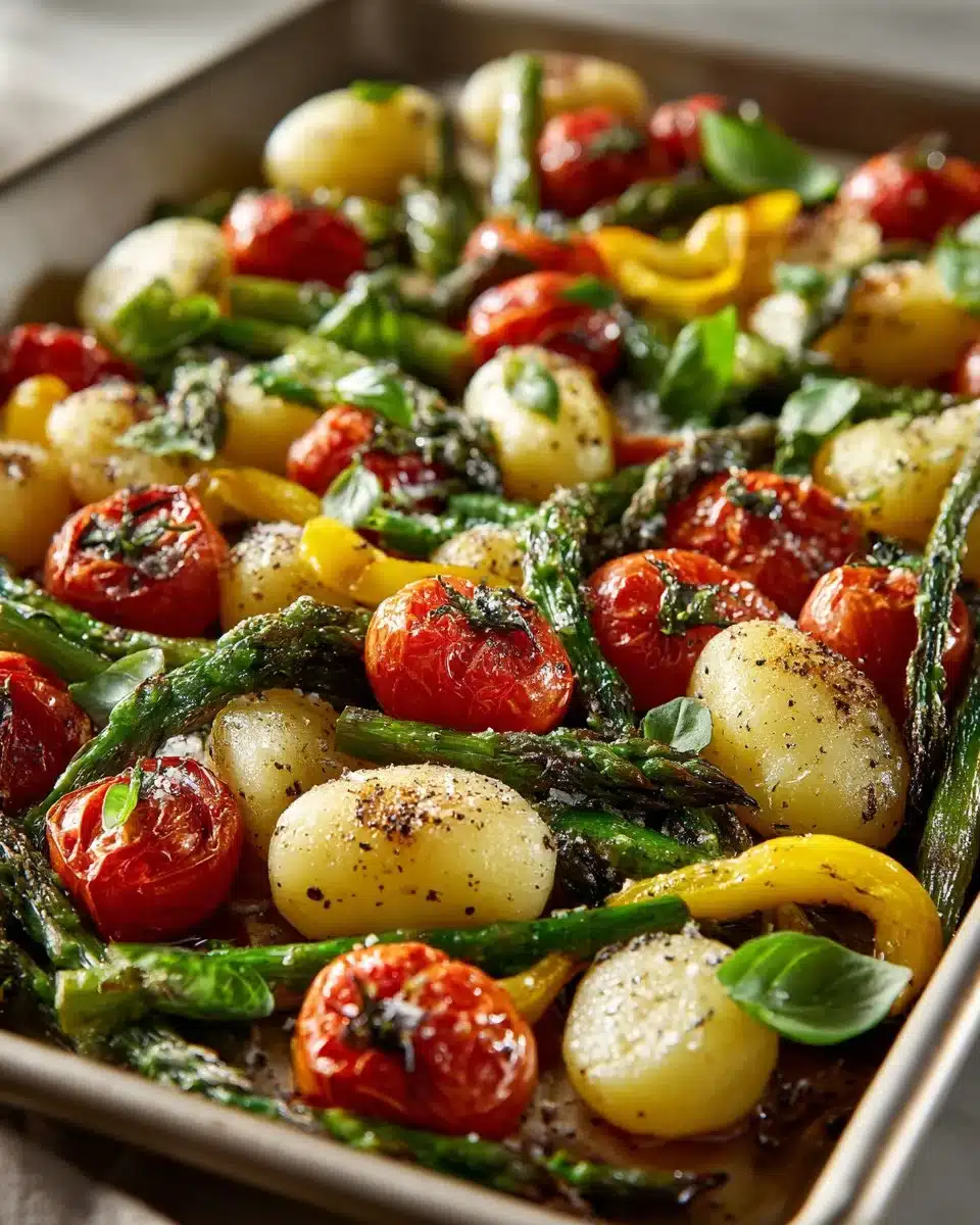 Sheet pan gnocchi with colorful spring vegetables ready to serve.
