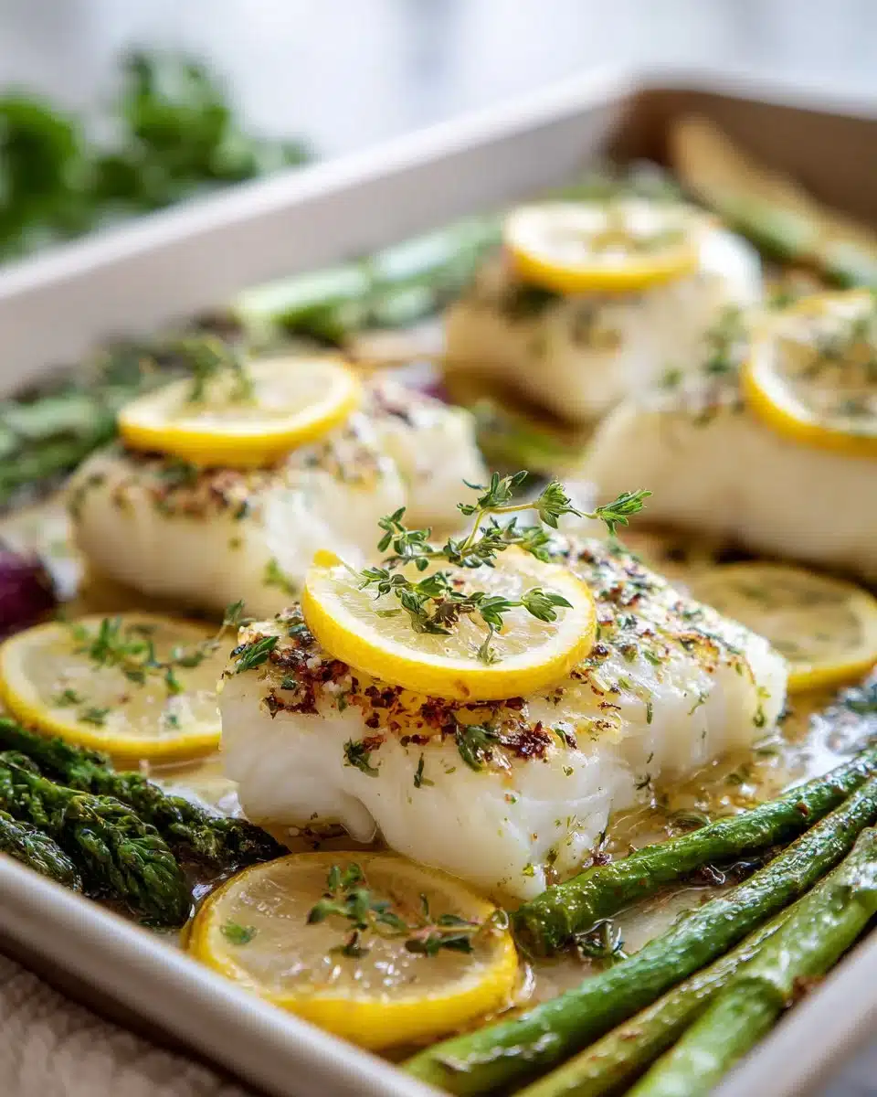 Sheet Pan Lemon Herb Cod with fresh herbs and lemon slices