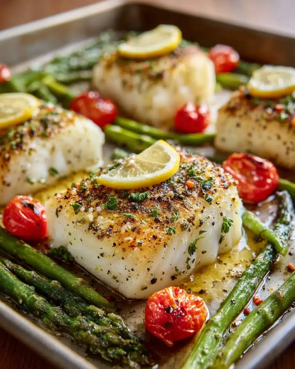 Sheet pan Lemon Herb Halibut with fresh vegetables and herbs.