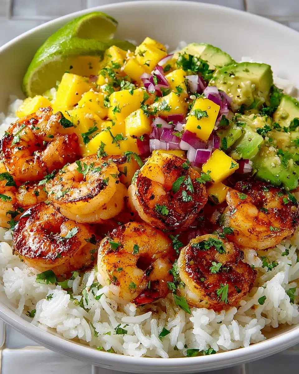 Shrimp avocado mango rice bowl with colorful ingredients and garnishes