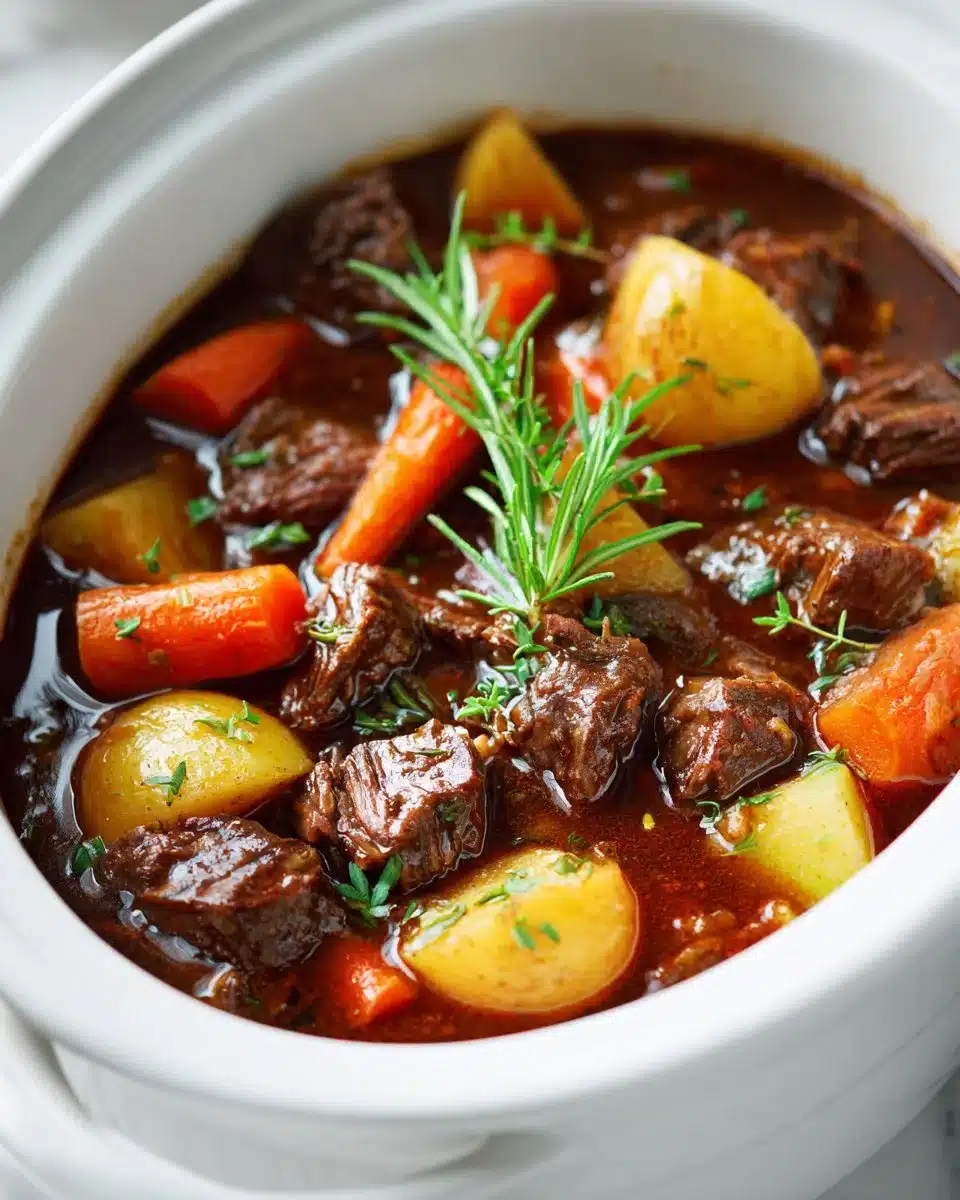 Delicious slow cooker beef stew with vegetables in a bowl