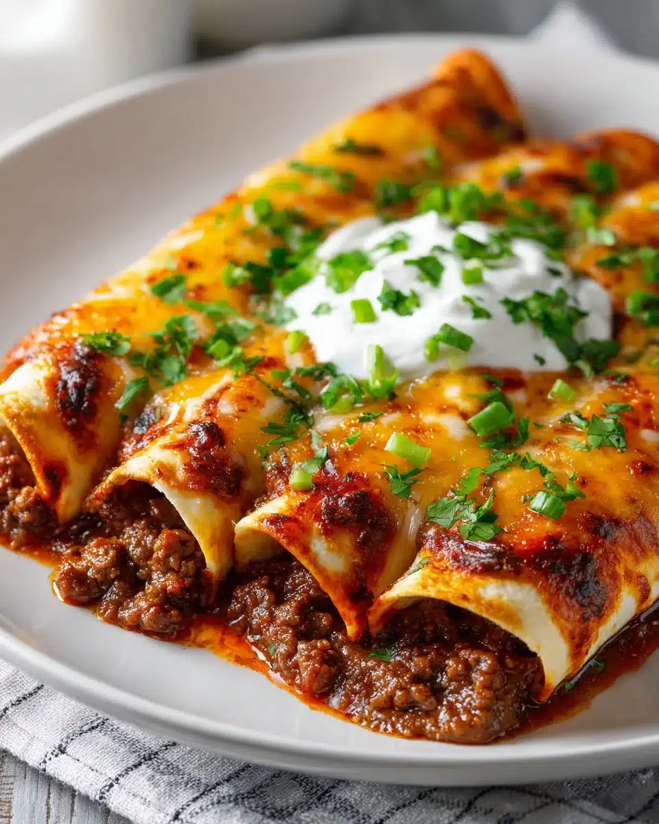 Spicy cheesy beef enchiladas topped with melted cheese and fresh herbs.