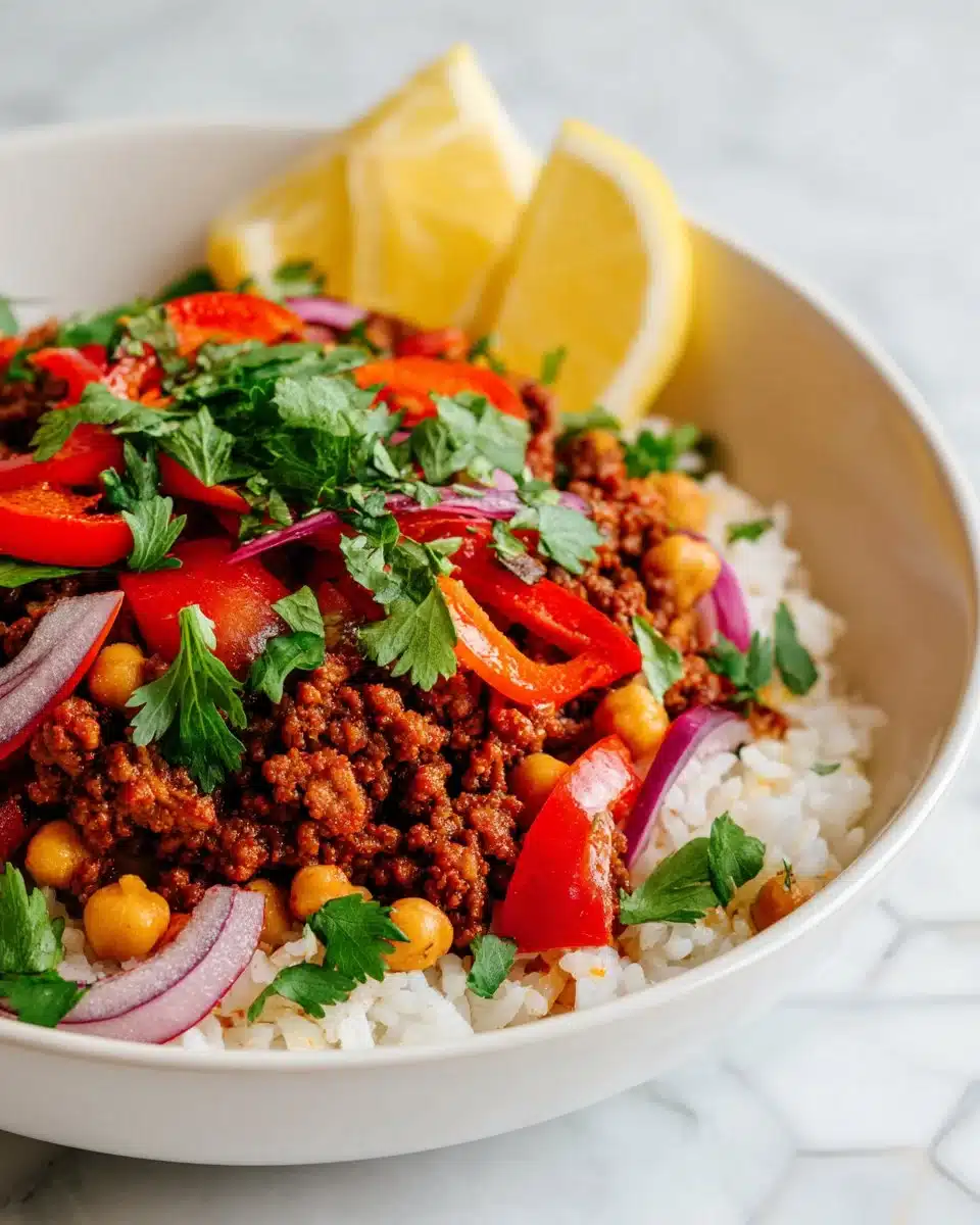 Spicy harissa beef bowls topped with fresh herbs and vegetables