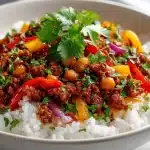 Spicy Harissa Ground Beef Bowls with fresh vegetables and rice