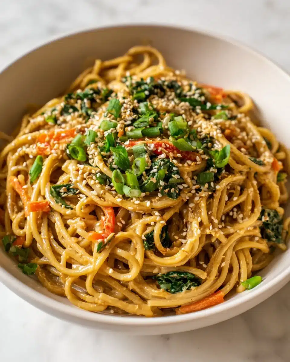Delicious spicy peanut butter noodles garnished with fresh vegetables