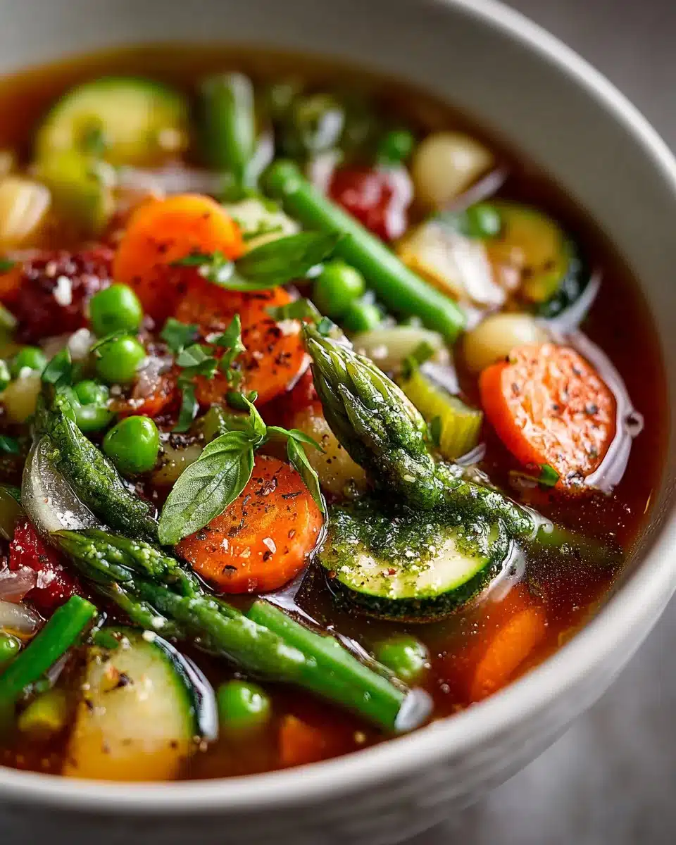 Spring minestrone soup with pesto, featuring fresh vegetables and herbs