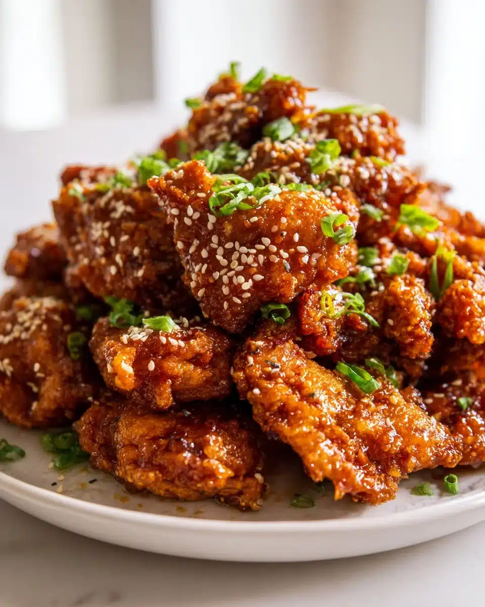 Plate of sticky ginger sesame chicken garnished with sesame seeds and green onions