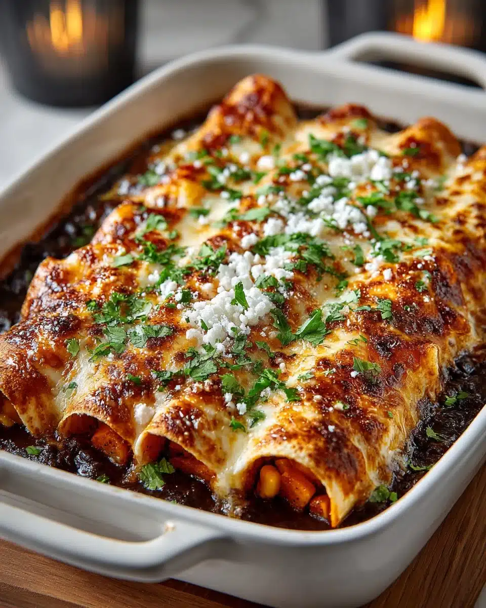 Delicious sweet potato and black bean enchiladas topped with fresh cilantro