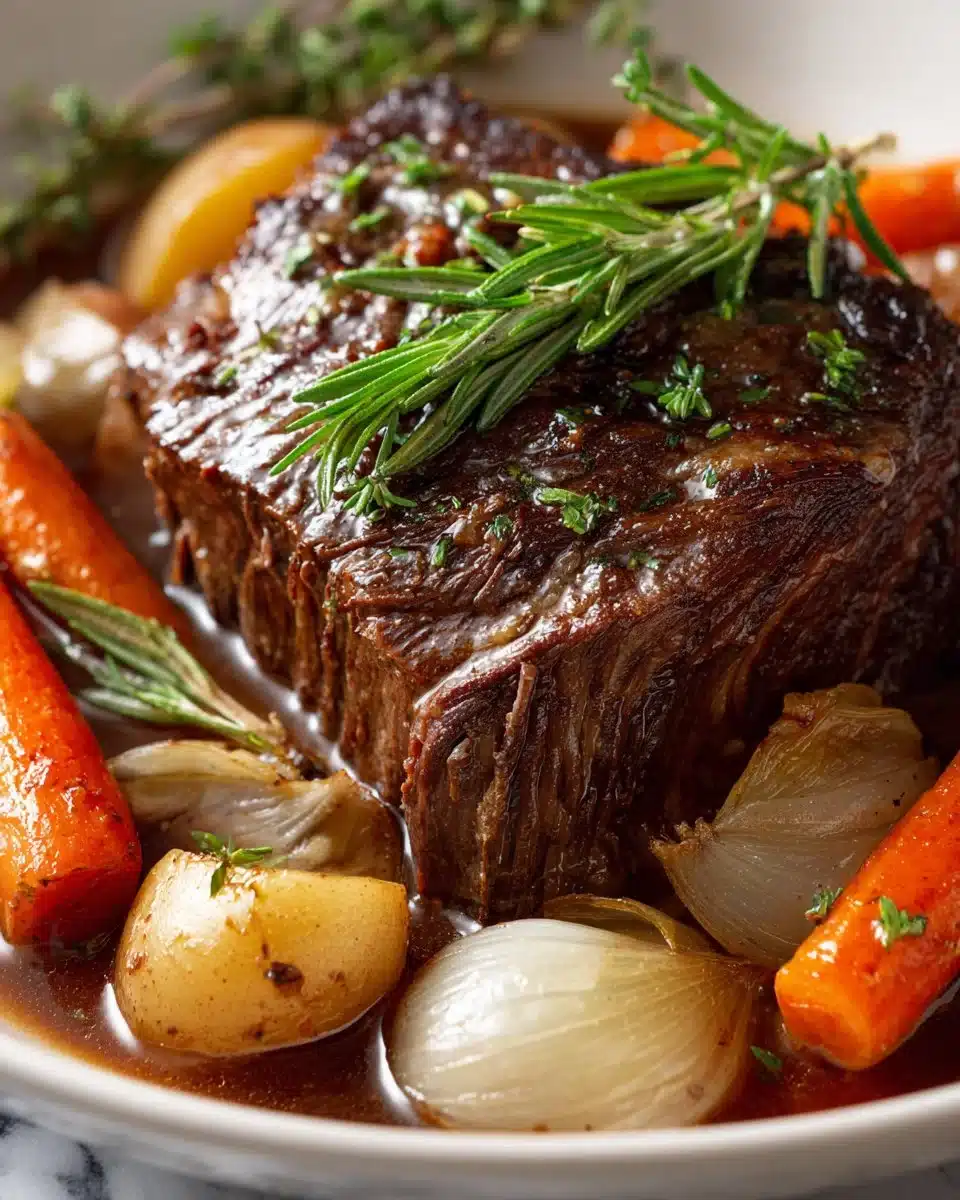 Tender beef pot roast served with vegetables in a rustic dish